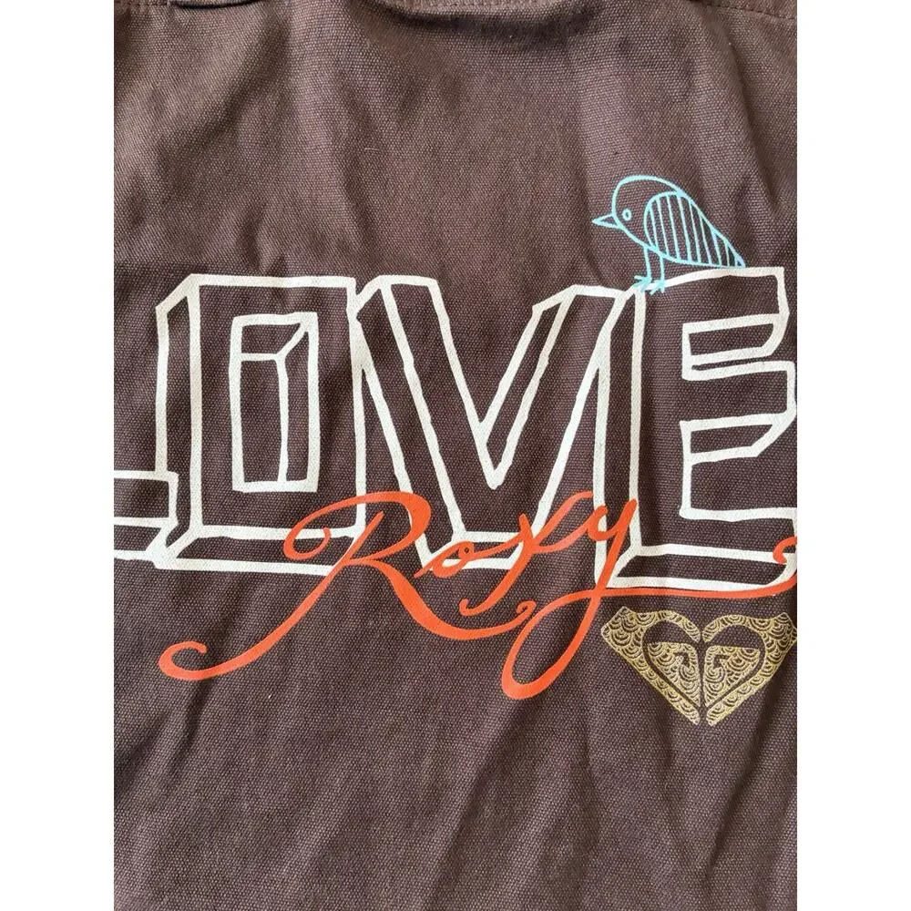 Vintage Y2K Roxy Canvas Tote Bag Brown LOVE Graphic Bird Surf Boho Skater